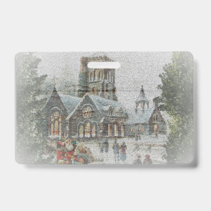 Old time Santa with children in front of a church  Badge
