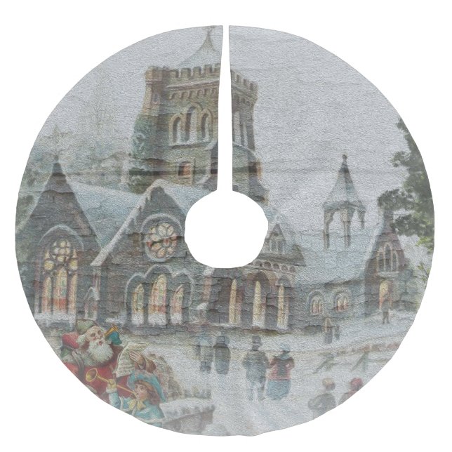 Old time Santa with children in front of a church  Brushed Polyester Tree Skirt (Front)