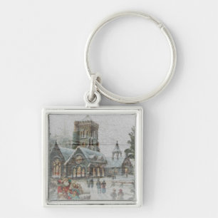 Old time Santa with children in front of a church  Keychain