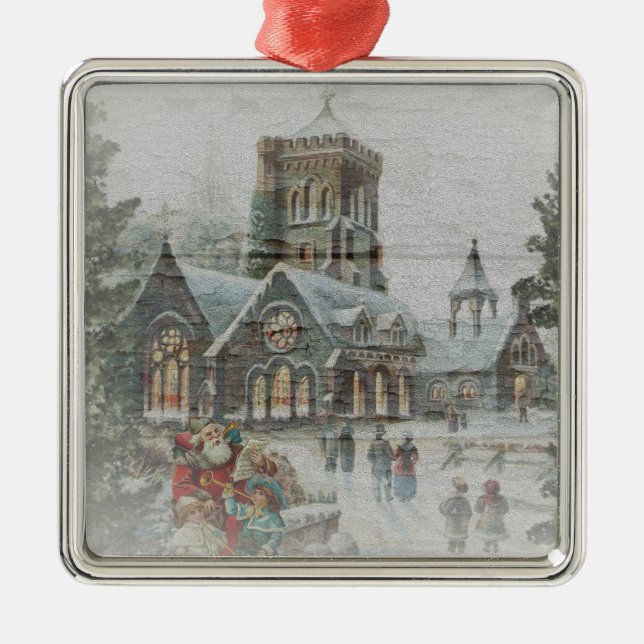 Old time Santa with children in front of a church  Metal Ornament (Front)