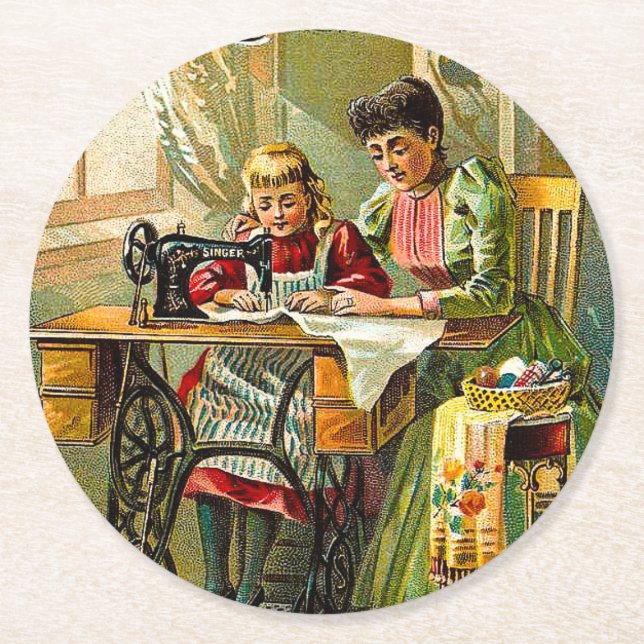 Old TIme Singer Sewing Machine Mother and Daughter Round Paper Coaster (Front)