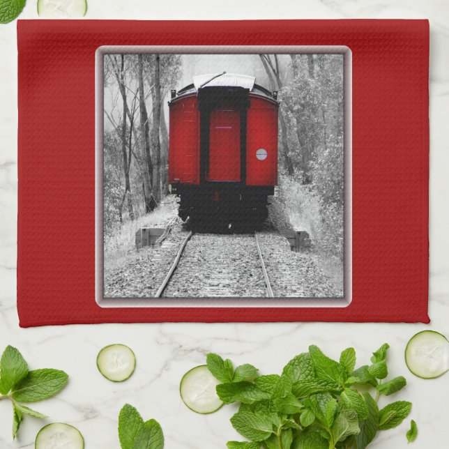 Old Time Steam Train Red and Black Kitchen Towel (Folded)