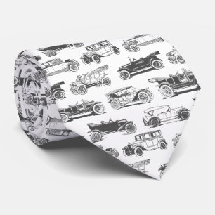 Old-timer Black White Vintage Car Pattern Tie