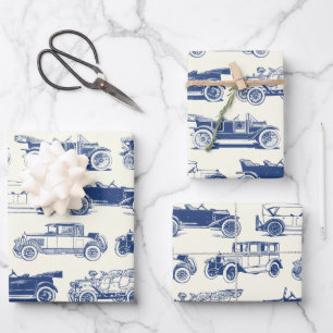 Old-timer Blue Vintage Car Pattern Wrapping Paper Sheet