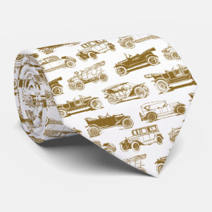 Old-timer Gold Beige White Vintage Car Pattern Tie