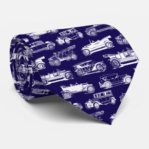 Old-timer Navy Blue White Vintage Car Pattern Tie