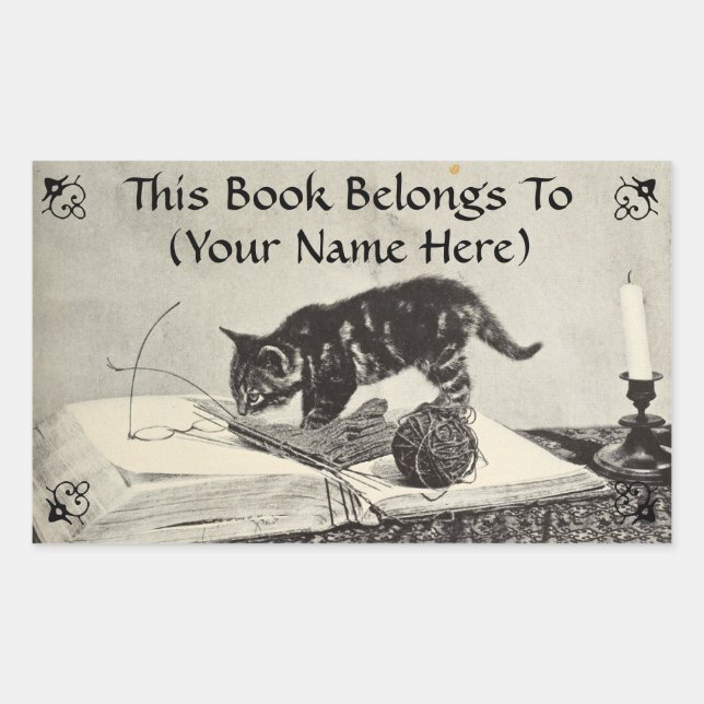 Old Timey Kitten Cat Knitting Book Plate Sticker (Front)