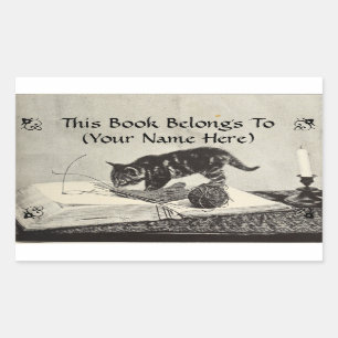 Old Timey Kitten Cat Knitting Book Plate Sticker