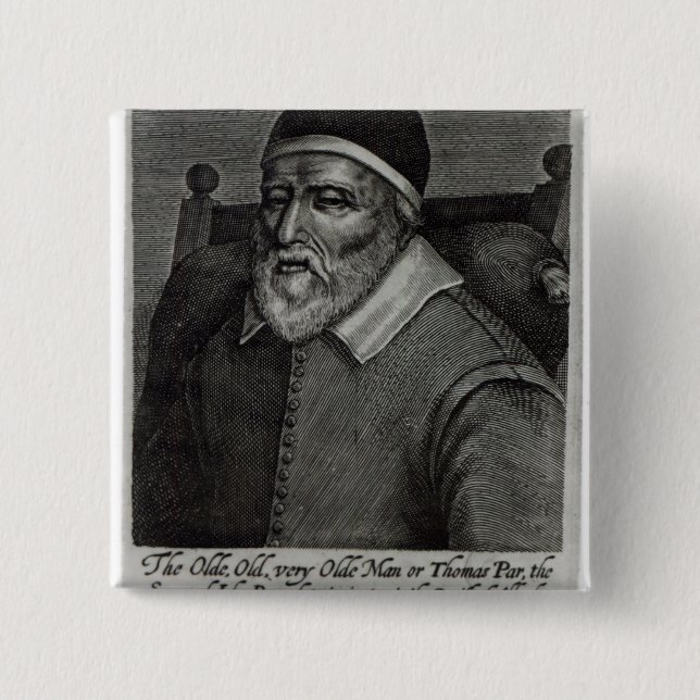 Old Tom Parr, 1635 2 Inch Square Button (Front)