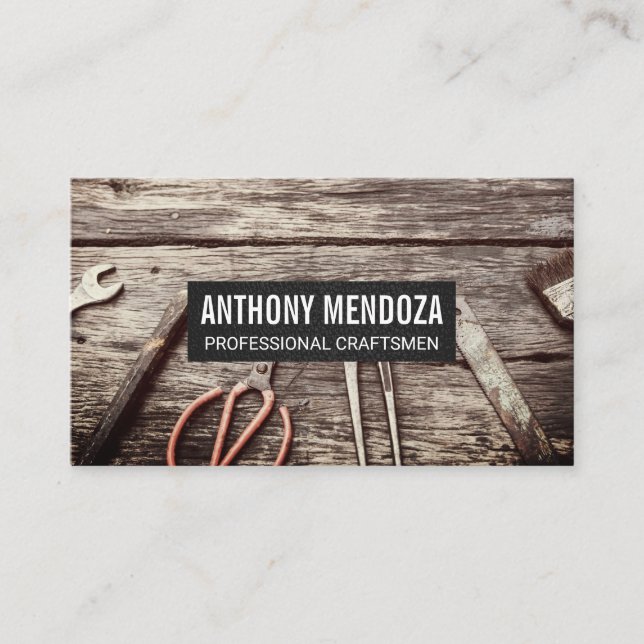 Old Tools Craftsmen Wood Work Station Business Card (Front)