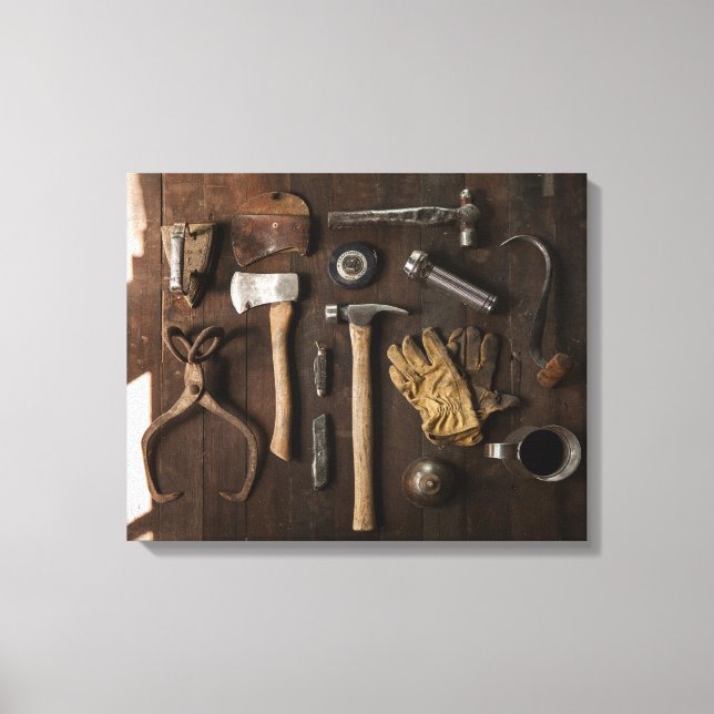 Old Tools on Wood Background Canvas Wrap (Front)