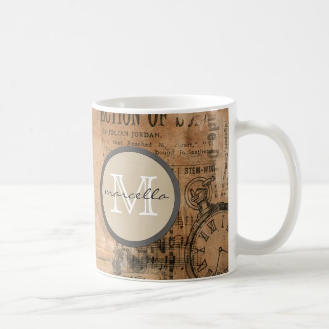 Old Torn Vintage Newspaper Monogram Coffee Mug (Right)