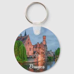 Old town and Belfry tower at night in Bruges Keychain