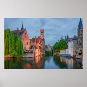 Old town and Belfry tower at night in Bruges Poster