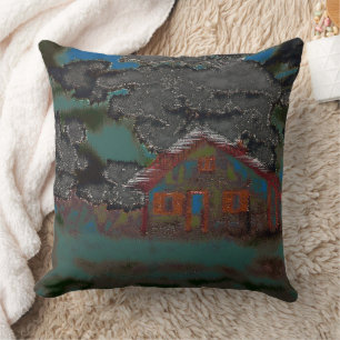 Old townhouse in dark and horizontal displacement throw pillow