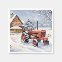 Old Tractor and Barn Snowy Winter Farm Christmas