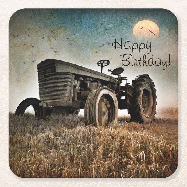 Old Tractor Birthday Paper Coasters (Front)