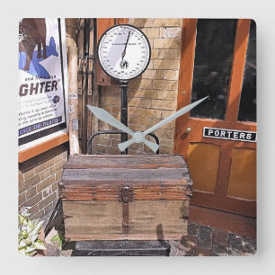 OLD TRAIN STATION SQUARE WALL CLOCK