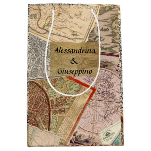 Old Travel Maps Vintage Collage, Custom Names Medium Gift Bag