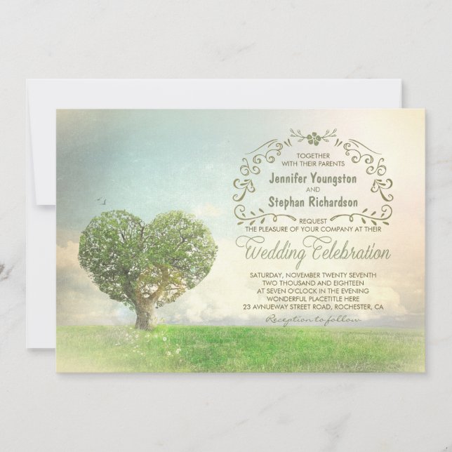 Old tree heart rustic wedding invitations (Front)
