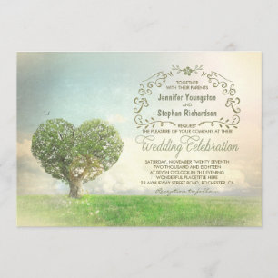 Old tree heart rustic wedding invitations
