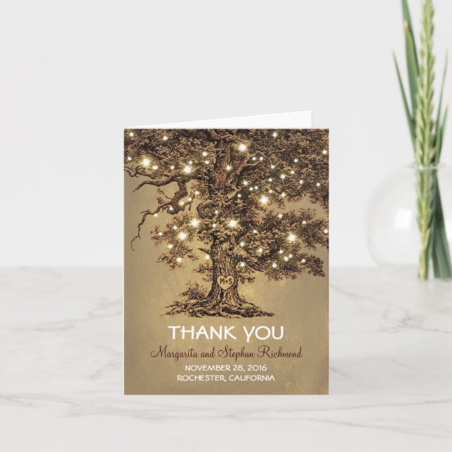 old tree romantic lights wedding thank you cards (Front)