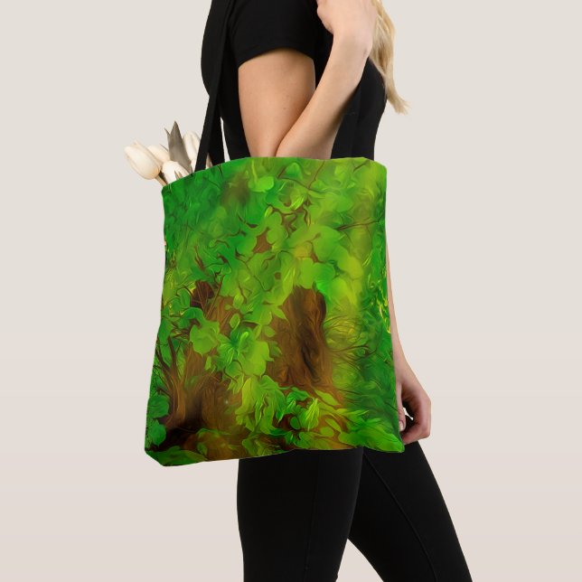 Old Tree Thick Branches Green And Sun Tote Bag (Close Up)