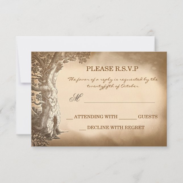 old tree vintage rustic wedding RSVP cards (Front)