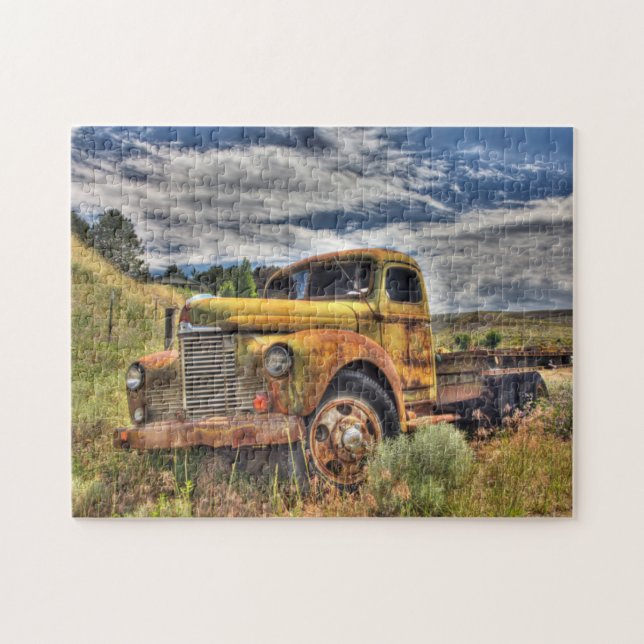 Old truck abandoned in field jigsaw puzzle (Horizontal)