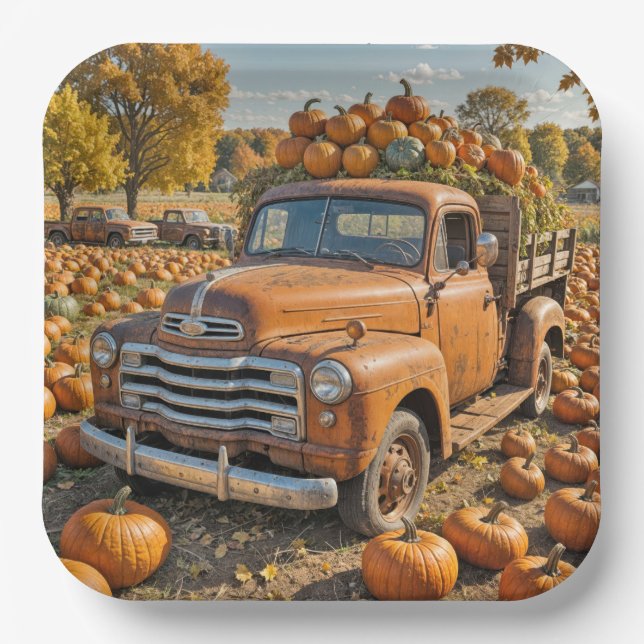 Old Truck Filled With Pumpkins Paper Plate (Front)