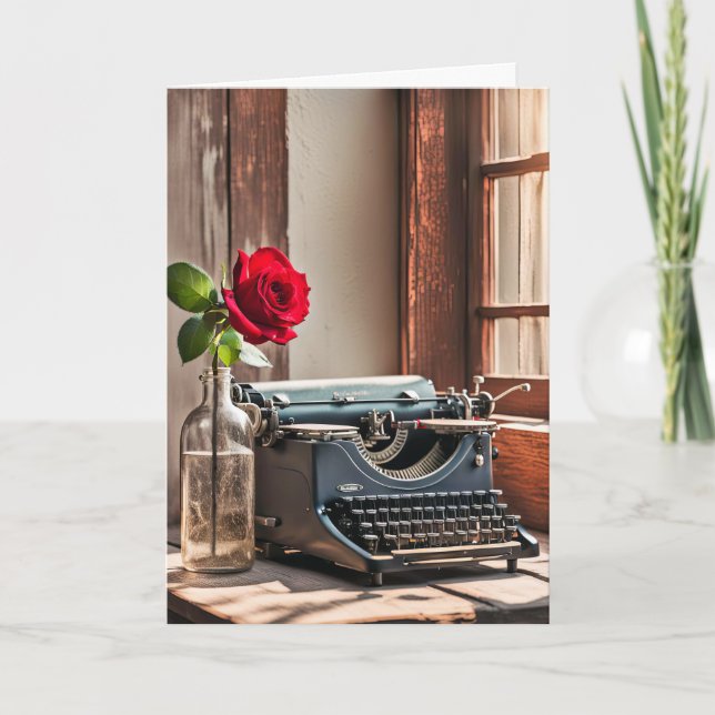 Old Typewriter and Birthday Rose Card (Front)