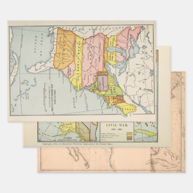 Old US Maps:  Revolution, Civil War, and 1880 Wrapping Paper Sheet (Set)