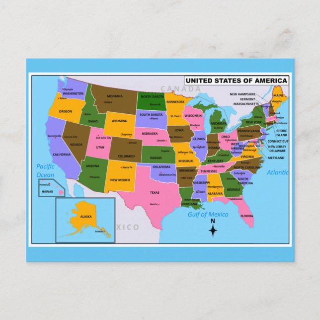 OLD USA Carte avec Capitales d'Etat et Golfe du Me (Devant)