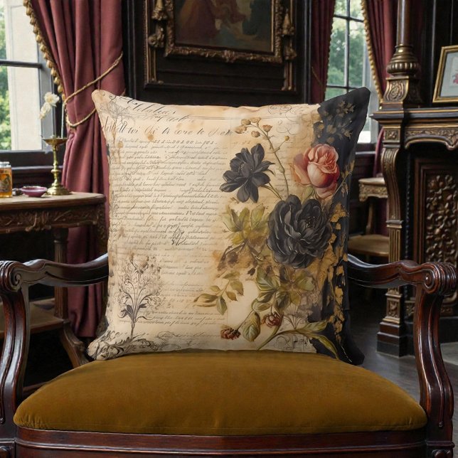 Old Victorian Black Floral Throw Pillow (Creator Uploaded)
