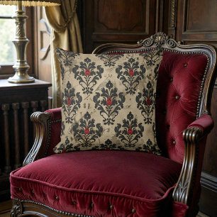 Old Victorian Black Red & Beige Damask Throw Pillow