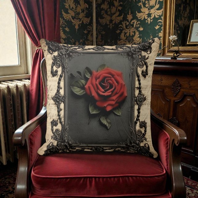Old Victorian Black with Red Rose Throw Pillow (Creator Uploaded)