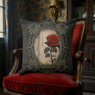 Old Victorian Black with Red Rose Throw Pillow