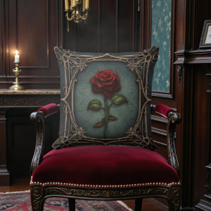 Old Victorian Black with Red Rose Throw Pillow
