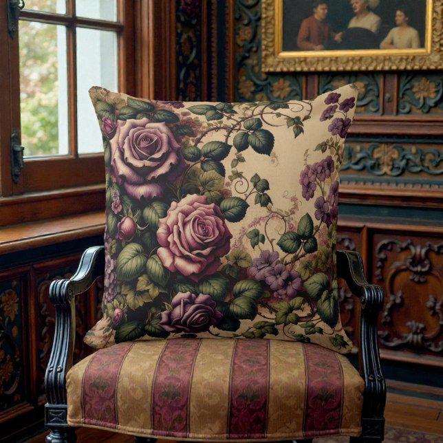 Old Victorian Purple Floral Throw Pillow (Creator Uploaded)