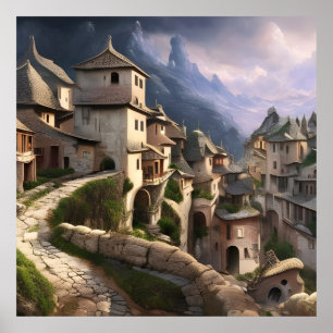 Old Village in the mountains stone path beautiful Poster