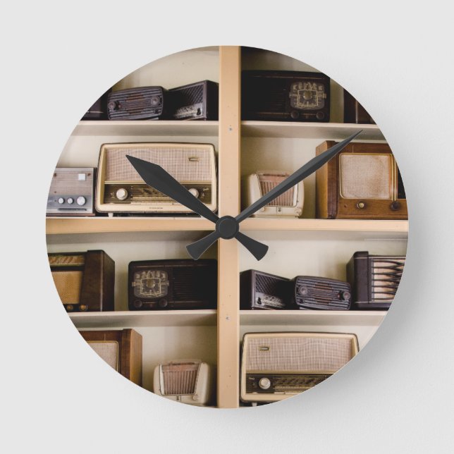 Old Vintage 1950's Radios on Shelves Round Clock (Front)