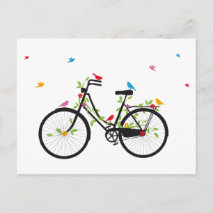 Old vintage bicycle with flowers and birds postcard
