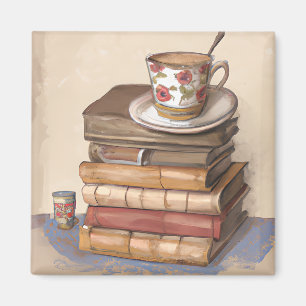 Old Vintage Books and a Cup of Coffee Magnet