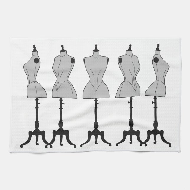 Old vintage mannequins, fashion illustration kitchen towel (Horizontal)