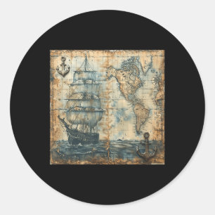 Old Vintage Nautical Map Pirate Ship Sailboat Sea  Classic Round Sticker