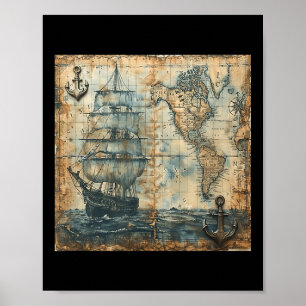 Old Vintage Nautical Map Pirate Ship Sailboat Sea  Poster