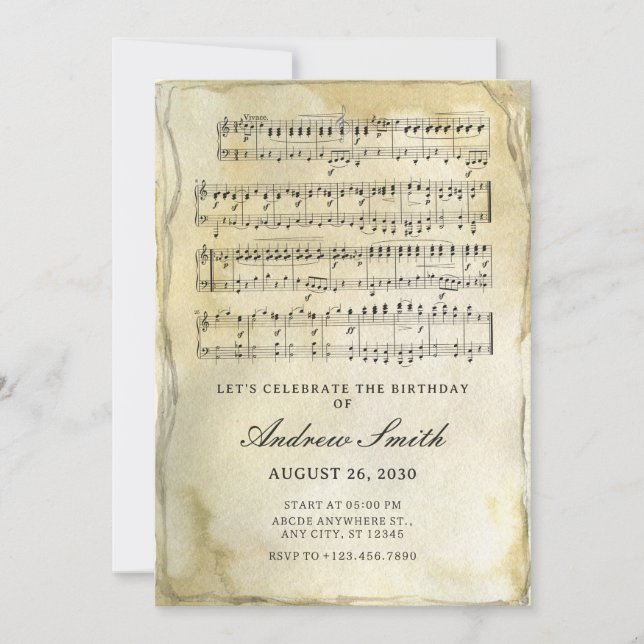 Old vintage paper musical notes birthday  invitation (Front)