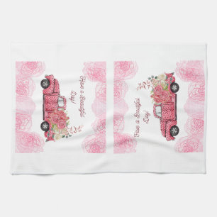 Old Vintage Pink Pickup Truck Kitchen Towels