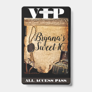 Old Vintage Pirate Scroll Birthday Party VIP Pass  Badge