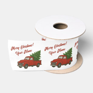 Old vintage red pickup truck with Christmas tree Satin Ribbon